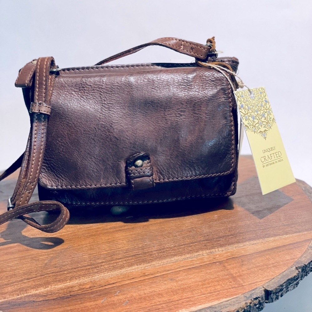 Uniquely crafted brown leather small Crossbody